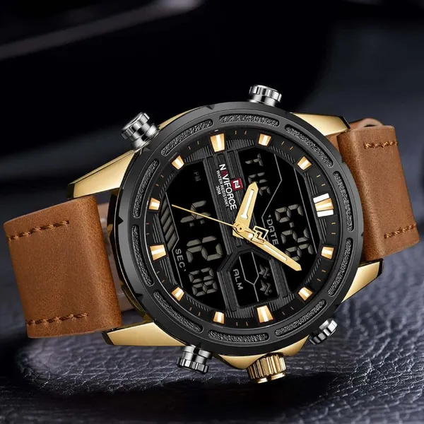 NAVIFORCE NF9138L PU Leather Dual Time Wrist Men's Watch – Dial Color: Gold, Strap Color:  Brown  – View 4