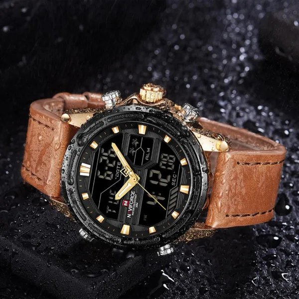 NAVIFORCE NF9138L PU Leather Dual Time Wrist Men's Watch – Dial Color: Gold, Strap Color:  Brown  – View 5