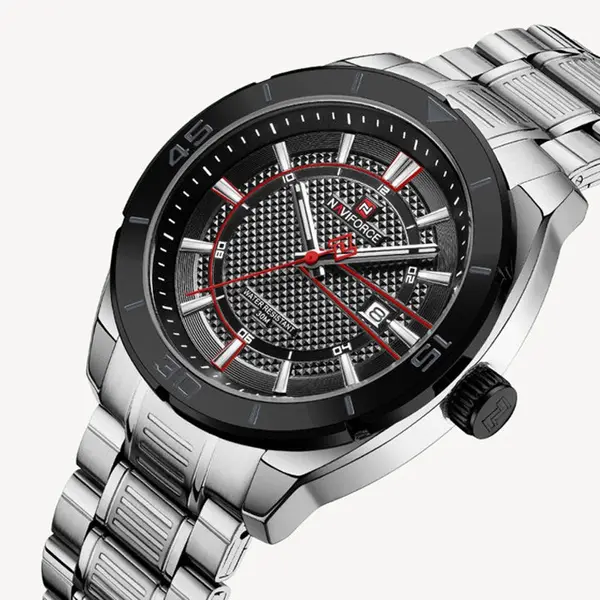 Naviforce NF9210 Luxury Stainless Steel Quartz Analog Men's Watch – Dial Color: Black, Strap Color: Silver – View 3