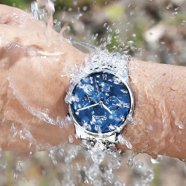OLEVS 2868 Luxurious Waterproof Braided Stainless Steel Chain Men's Quartz Watch – Dial Color: Blue, Strap Color: White – View 2