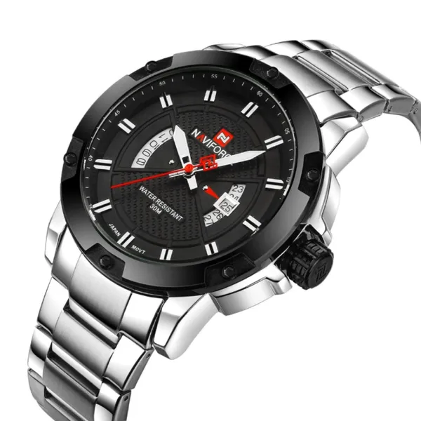 Naviforce 9085 Water Resistant Stainless Steel Quartz Men's Watch – Dial Color: Black, Strap Color: Silver – View 2