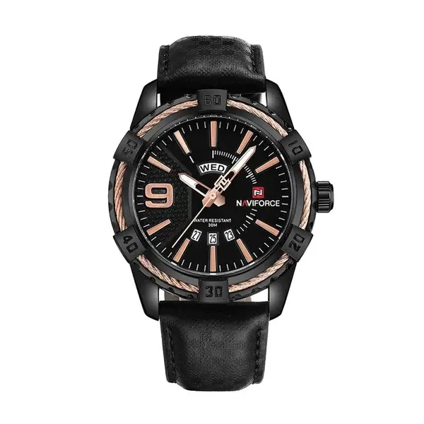 Naviforce NF9117L Comfortable Leather Strap Luxury Fashion and Sports Men's Watch – Dial Color: Bronze, Strap Color: Black – View 1