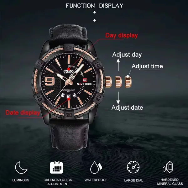 Naviforce NF9117L Comfortable Leather Strap Luxury Fashion and Sports Men's Watch – Dial Color: Bronze, Strap Color: Black – View 6