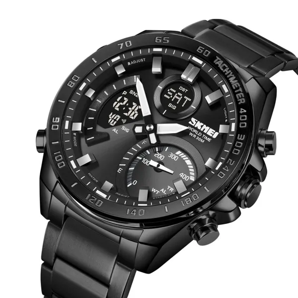 Skmei 1889 Dual Display Chronograph Stainless Steel Men's Watch – Dial Color: Black, Strap Color: Black – View 2