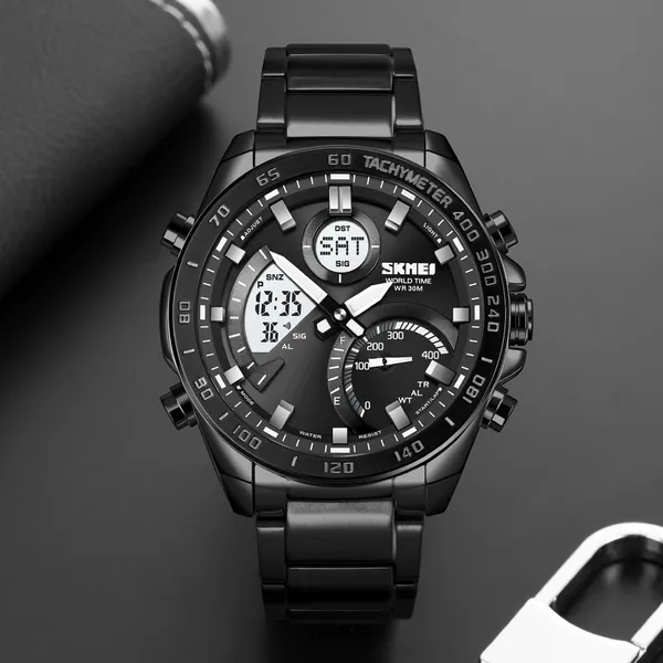 Skmei 1889 Dual Display Chronograph Stainless Steel Men's Watch – Dial Color: Black, Strap Color: Black – View 3