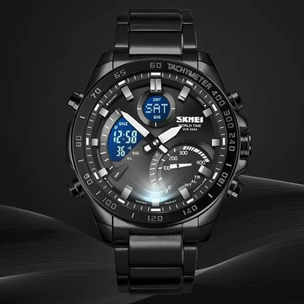 Skmei 1889 Dual Display Chronograph Stainless Steel Men's Watch – Dial Color: Black, Strap Color: Black – View 4