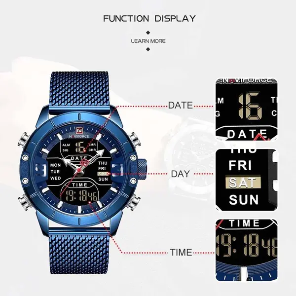 Naviforce NF9153 Mesh Stainless Steel Dual Display Multifunctional Sports Men's Watch – Dial Color: Blue, Strap Color: Blue – View 7