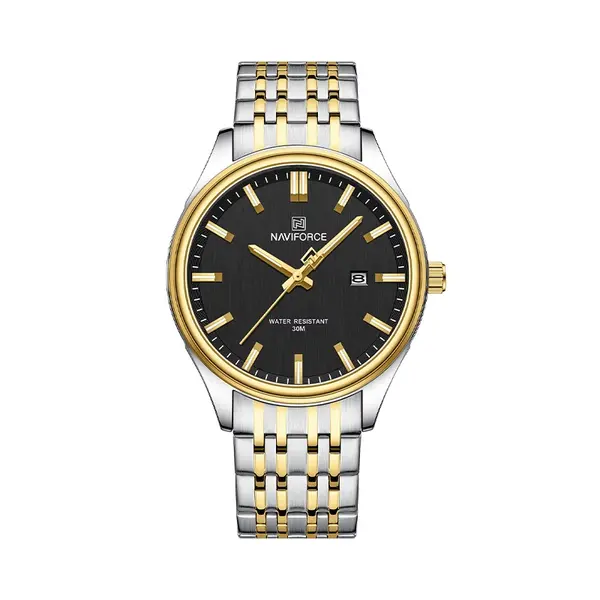 Naviforce NF8039 Luxury Stainless Steel Quartz Analog Casual Couple Watch – Dial Color: Black, Strap Color: Gold  – View 3