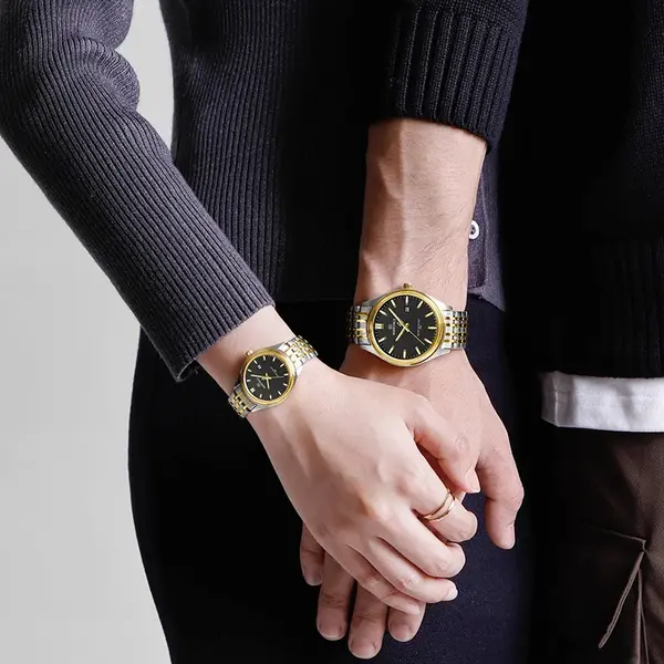 Naviforce NF8039 Luxury Stainless Steel Quartz Analog Casual Couple Watch – Dial Color: Black, Strap Color: Gold  – View 4