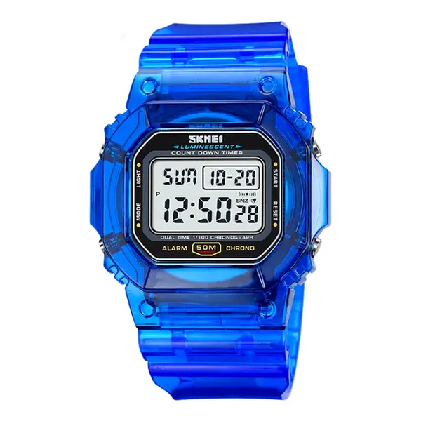 SKMEI 1999 Dual Time Chronograph PU Leather Kid's Watch – Dial Color: White, Strap Color: Blue – View 1
