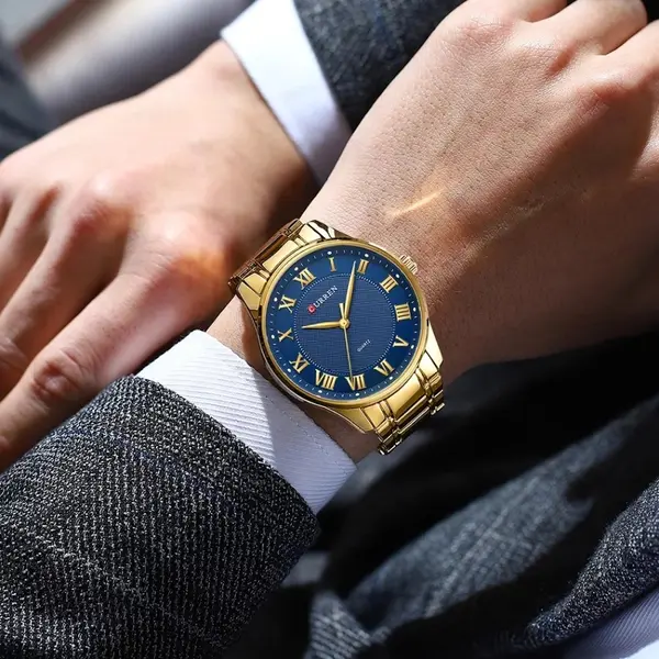 Curren 8409 Roman Number With Stainless Steel Analog Men's Watch – Dial Color: Blue, Strap Color: Gold – View 5