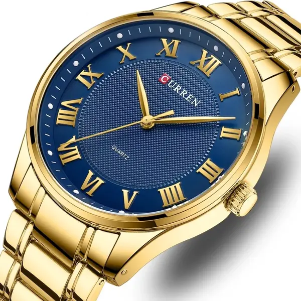 Curren 8409 Roman Number With Stainless Steel Analog Men's Watch – Dial Color: Blue, Strap Color: Gold – View 3