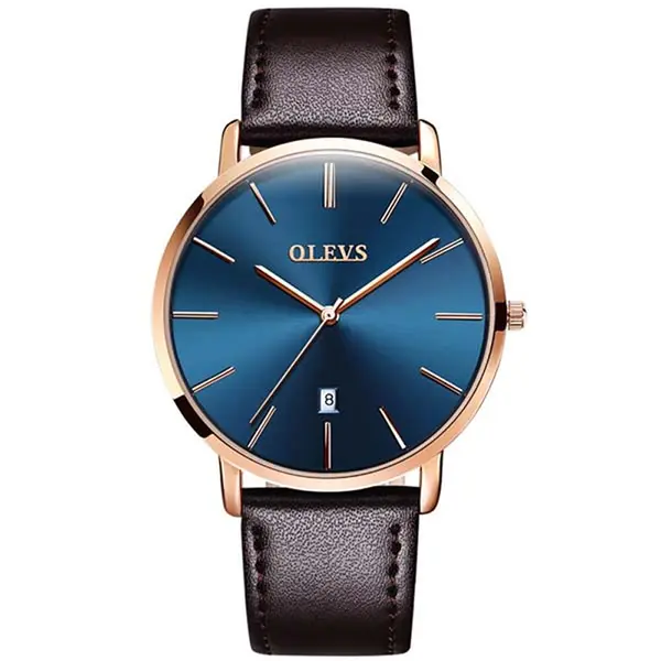 OLEVS 5869 Comfy Leather Strap Waterproof Ultra Slim Couple's Wristwatch – Dial Color: Blue, Strap Color:  Brown  – View 2
