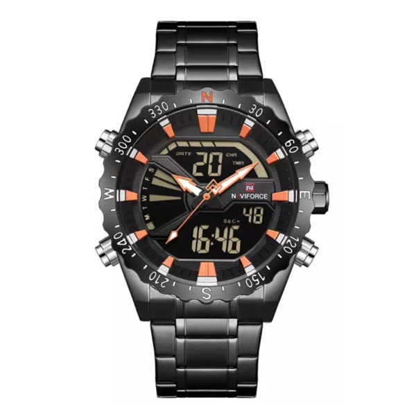 NAVIFORCE NF9136 Stainless Steel Dual Time Men's Watch – Dial Color: Orange, Strap Color: Black – View 1