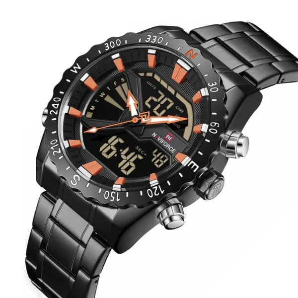 NAVIFORCE NF9136 Stainless Steel Dual Time Men's Watch – Dial Color: Orange, Strap Color: Black – View 2