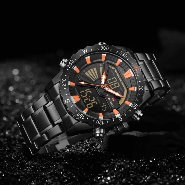NAVIFORCE NF9136 Stainless Steel Dual Time Men's Watch – Dial Color: Orange, Strap Color: Black – View 3