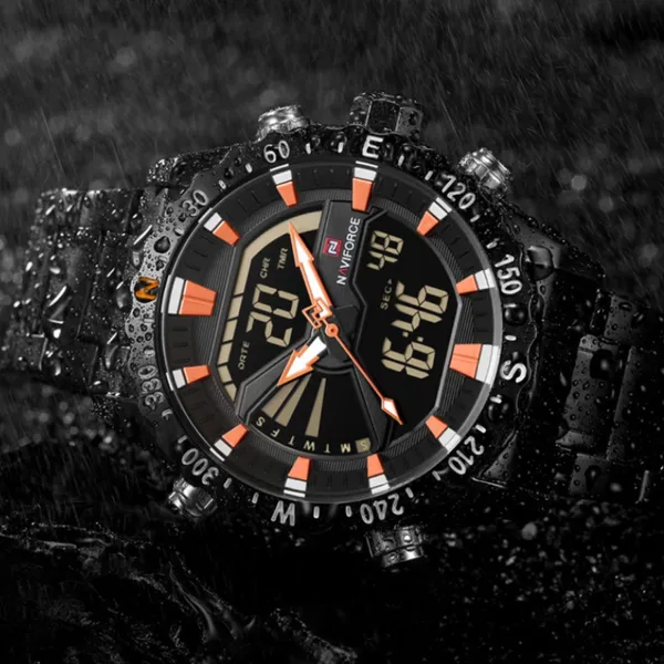 NAVIFORCE NF9136 Stainless Steel Dual Time Men's Watch – Dial Color: Orange, Strap Color: Black – View 4