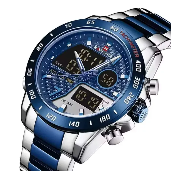 Naviforce 9171 CH Dual Display Quartz Analog Digital Men's Watch – Dial Color: Blue, Strap Color: Silver – View 2