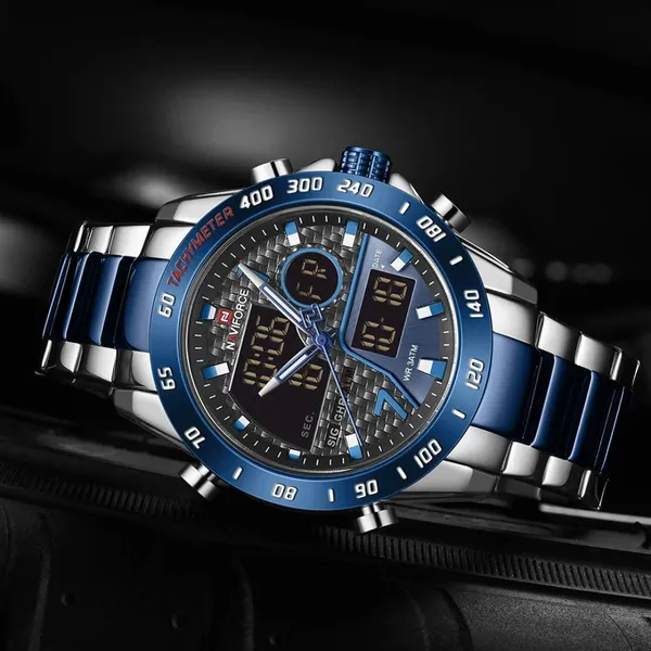 Naviforce 9171 CH Dual Display Quartz Analog Digital Men's Watch – Dial Color: Blue, Strap Color: Silver – View 4