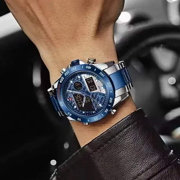 Naviforce 9171 CH Dual Display Quartz Analog Digital Men's Watch – Dial Color: Blue, Strap Color: Silver – View 5
