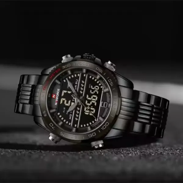 NAVIFORCE NF9195 Stainless Steel Dual Time Men's Watch – Dial Color: Black, Strap Color: Black – View 3