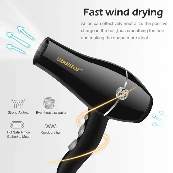 Ubeator UBT-8260 Six-speed Syling Tools For Salons-Household 2400W Hair Dryer – Color: Black – View 2