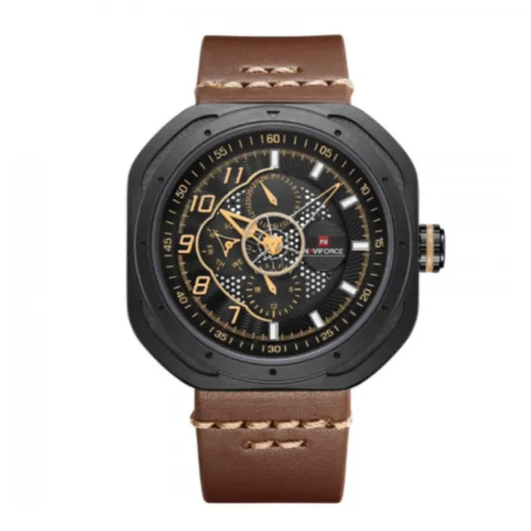 Naviforce NF9141 Rounded Square Quartz Leather Strap Men's Watch – Dial Color: Brown, Strap Color: Brown – View 1