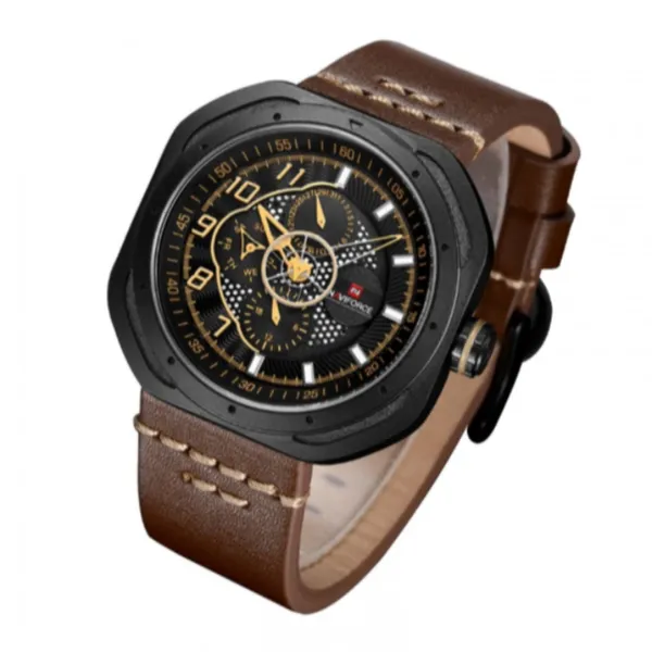 Naviforce NF9141 Rounded Square Quartz Leather Strap Men's Watch – Dial Color: Brown, Strap Color: Brown – View 2