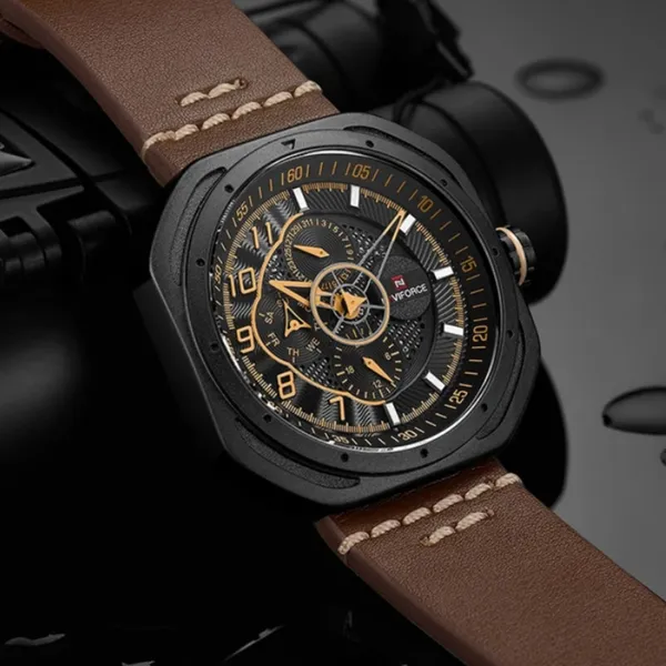 Naviforce NF9141 Rounded Square Quartz Leather Strap Men's Watch – Dial Color: Brown, Strap Color: Brown – View 3