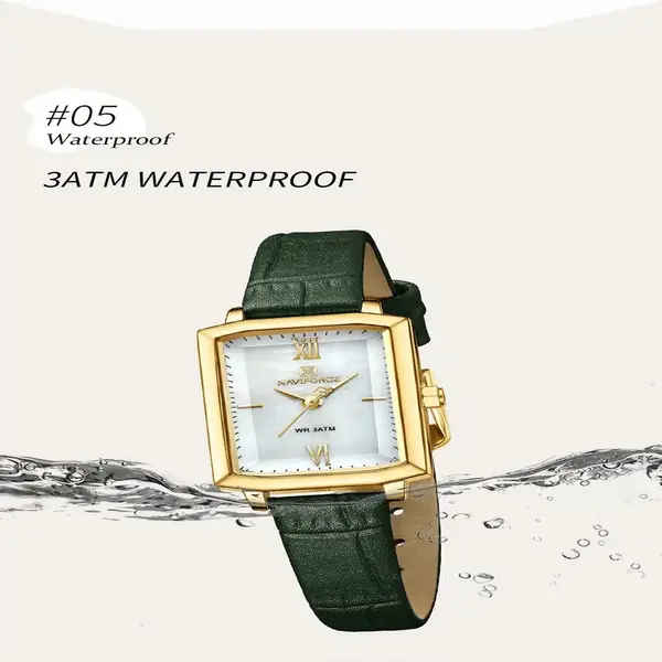 Naviforce NF5039 Leather Strap Waterproof Quartz Analog Women's Watch – Dial Color: White, Strap Color: Green  – View 3