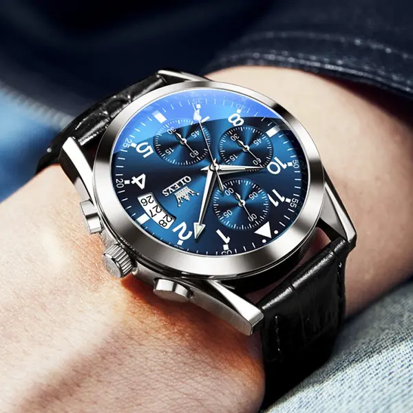OLEVS 2878 Elite Sports Stainless Steel Chronograph Men's Analog Watch  – Dial Color: Blue, Strap Color: Black – View 3