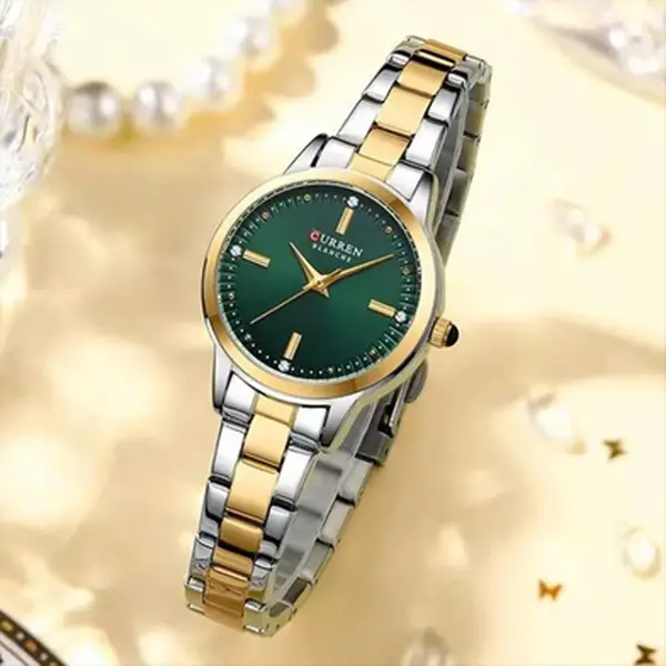 CURREN 9094 Latest Elegant Stainless Steel Classic Women Quartz Watch – Dial Color: Green, Strap Color: Gold  – View 2