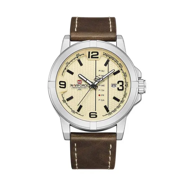 Naviforce NF9177 Top Quality Leather Strap Creative Calendar Unique Fashion Men's Watch – Dial Color: Silver, Strap Color:  Brown  – View 1