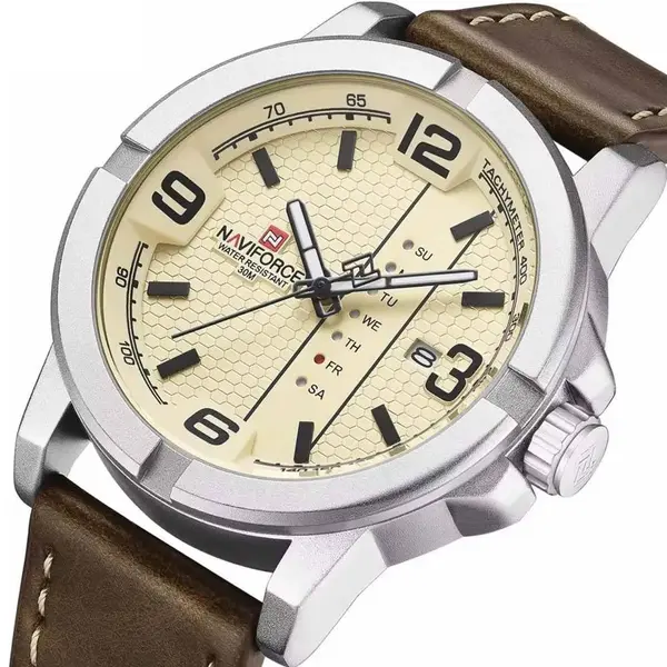 Naviforce NF9177 Top Quality Leather Strap Creative Calendar Unique Fashion Men's Watch – Dial Color: Silver, Strap Color:  Brown  – View 2