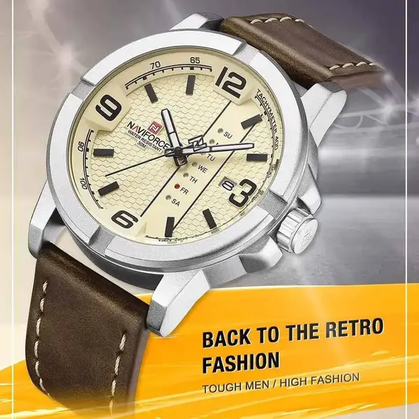 Naviforce NF9177 Top Quality Leather Strap Creative Calendar Unique Fashion Men's Watch – Dial Color: Silver, Strap Color:  Brown  – View 3