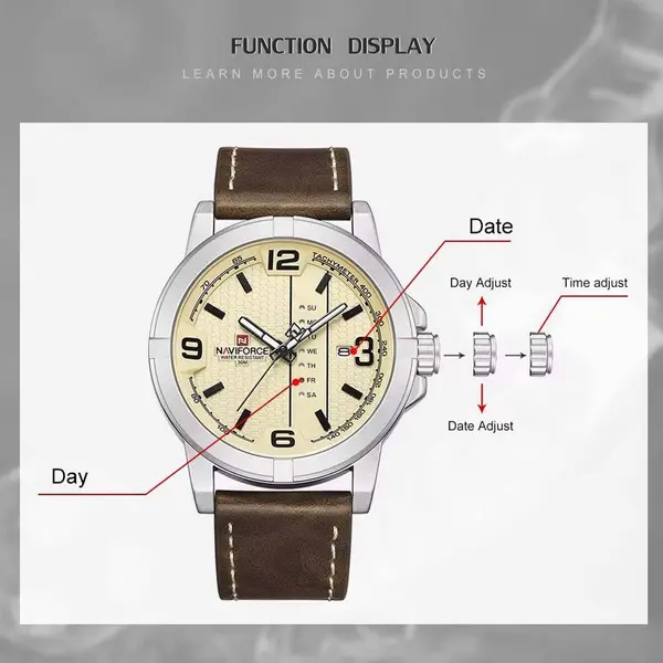 Naviforce NF9177 Top Quality Leather Strap Creative Calendar Unique Fashion Men's Watch – Dial Color: Silver, Strap Color:  Brown  – View 4