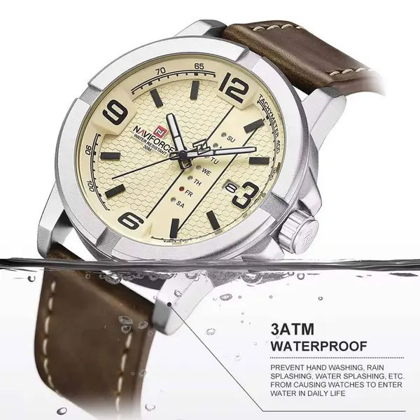 Naviforce NF9177 Top Quality Leather Strap Creative Calendar Unique Fashion Men's Watch – Dial Color: Silver, Strap Color:  Brown  – View 5