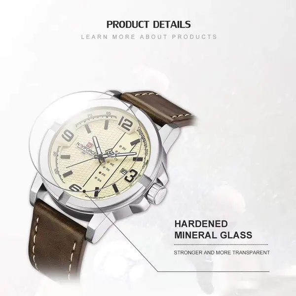 Naviforce NF9177 Top Quality Leather Strap Creative Calendar Unique Fashion Men's Watch – Dial Color: Silver, Strap Color:  Brown  – View 6