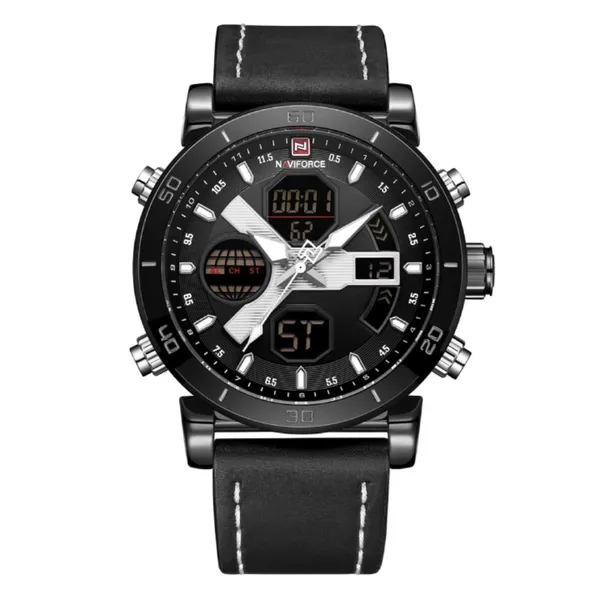 Naviforce 9132 Sport Military Dual Display Multifunction Men's Watch – Dial Color: Black, Strap Color: Black – View 1