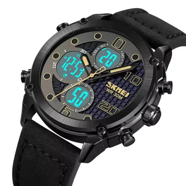 SKMEI 1975 Digital Analog Business Leather Strap Men's Watch – Dial Color: Black, Strap Color: Black – View 2