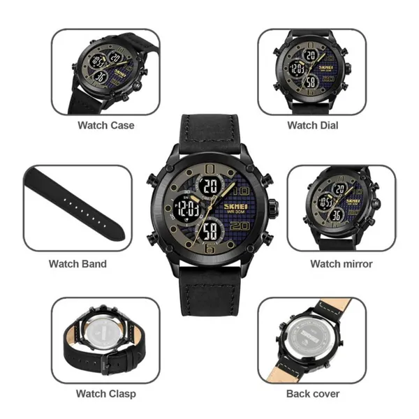 SKMEI 1975 Digital Analog Business Leather Strap Men's Watch – Dial Color: Black, Strap Color: Black – View 3