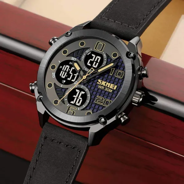 SKMEI 1975 Digital Analog Business Leather Strap Men's Watch – Dial Color: Black, Strap Color: Black – View 4