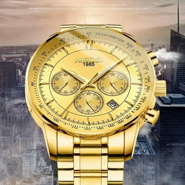 Nibosi 2351 Classic Stainless Steel Multifunctional Chronograph Analog Fashion Men's Watch – Dial Color: Gold, Strap Color: Gold – View 2