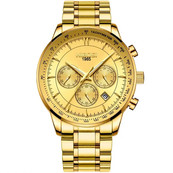 Nibosi 2351 Classic Stainless Steel Multifunctional Chronograph Analog Fashion Men's Watch – Dial Color: Gold, Strap Color: Gold – View 1