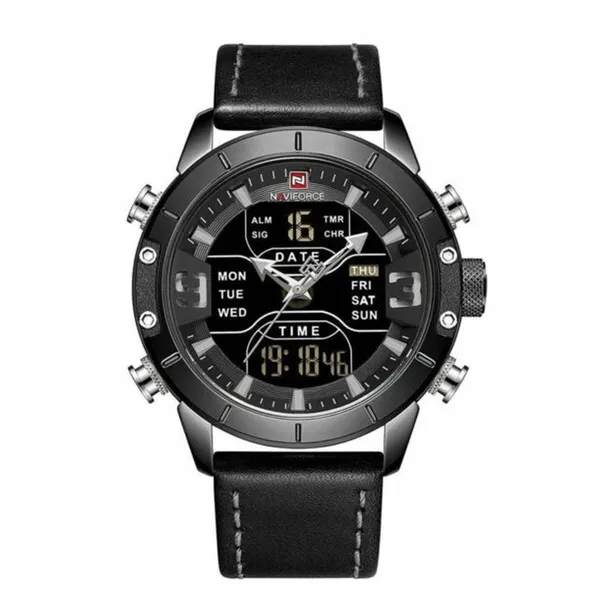 NAVIFORCE 9153-L Genuine Leather Strap Stylish Men's Watch – Dial Color: Black, Strap Color: Black – View 1
