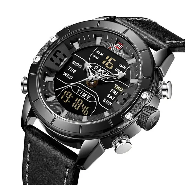 NAVIFORCE 9153-L Genuine Leather Strap Stylish Men's Watch – Dial Color: Black, Strap Color: Black – View 2