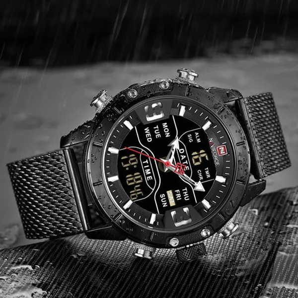 NAVIFORCE 9153-L Genuine Leather Strap Stylish Men's Watch – Dial Color: Black, Strap Color: Black – View 3