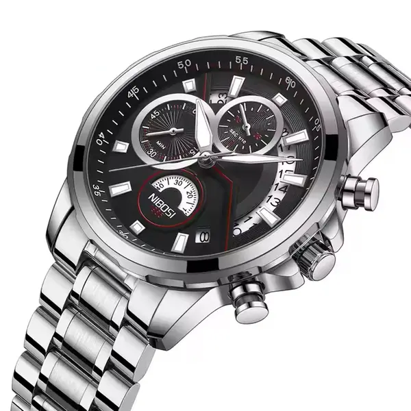 Nibosi 2576 High Quality Stainless Steel Luminous Men's Watch – Dial Color: Black, Strap Color: Silver – View 2