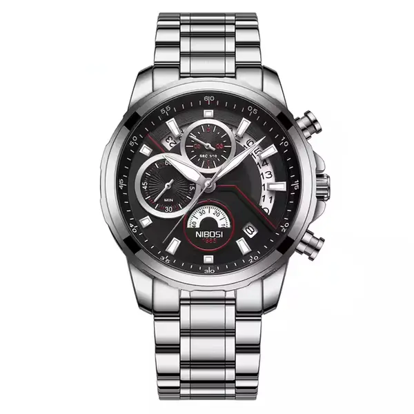 Nibosi 2576 High Quality Stainless Steel Luminous Men's Watch – Dial Color: Black, Strap Color: Silver – View 1