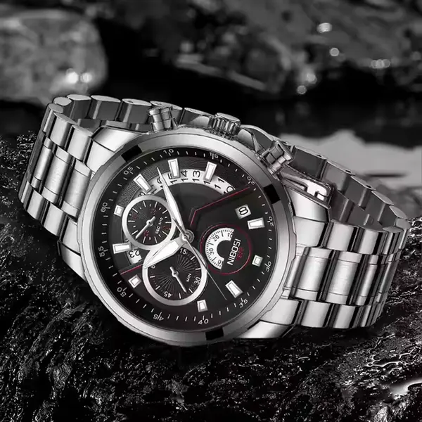 Nibosi 2576 High Quality Stainless Steel Luminous Men's Watch – Dial Color: Black, Strap Color: Silver – View 3
